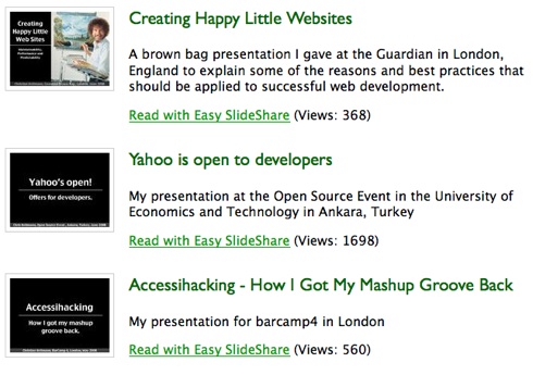 screenshot of my list of presentations created with the slidesharelist plugin for wordpress