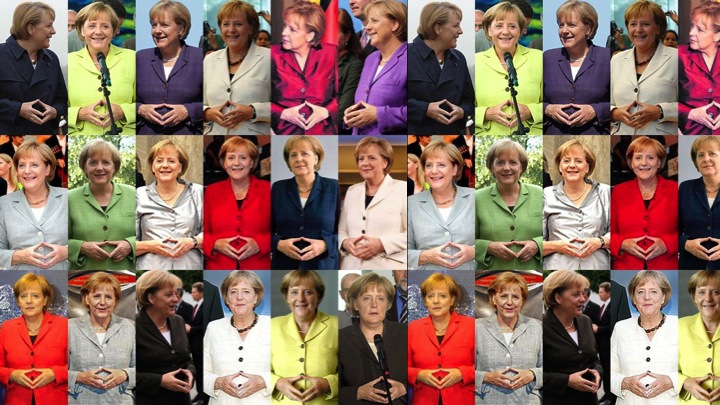 German head of state doing the same closed hand gesture over and over again