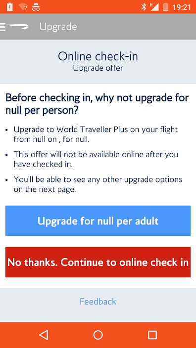 Mobile app offering an upgrade for 'null'