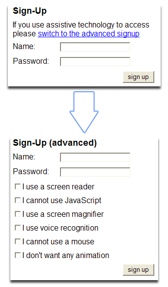 Example of a simple signup form and an advanced one showing different accessibility options
