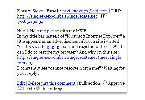Attempt to spam my comments by pleading for help how to get rid of a spam adware infection
