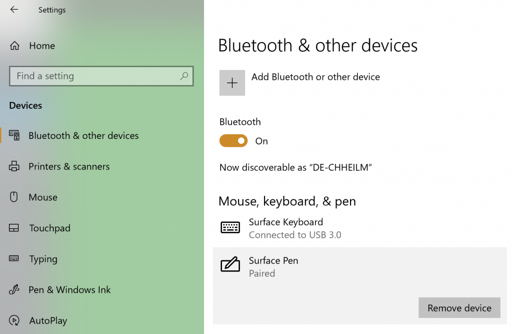 Bluetooth settings paired pen