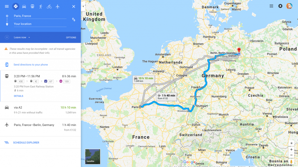 Google maps result showing how to travel to paris