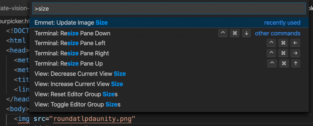 Visual Studio Command Palette showing the options for 'size'