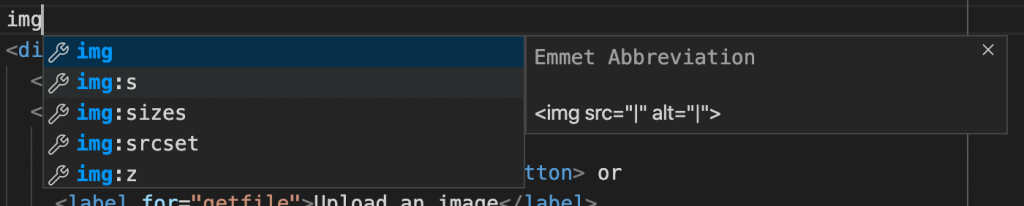 Emmet showing a few of its autocomplete options for images creating attributes like src, alt, sizes, and srcset for you