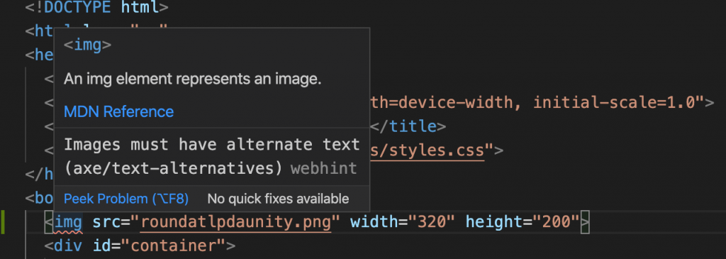 Webhint complaining rightfully that every image needs an alt attribute