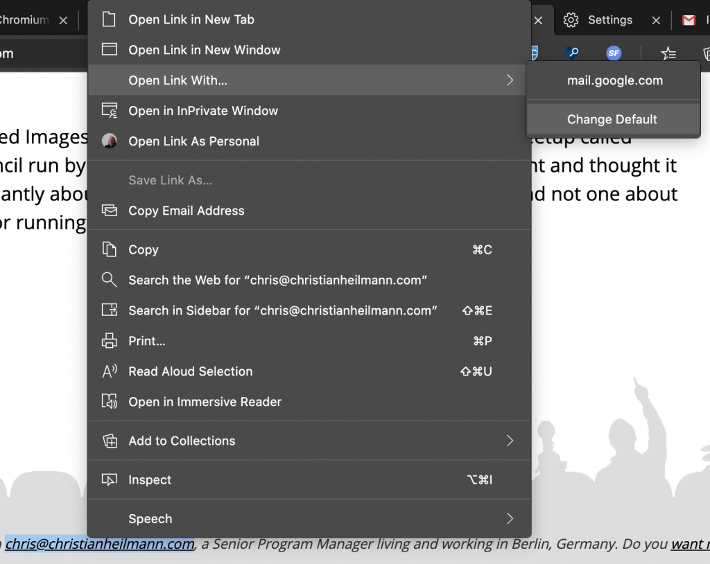 Context menu on email links showing lots of options