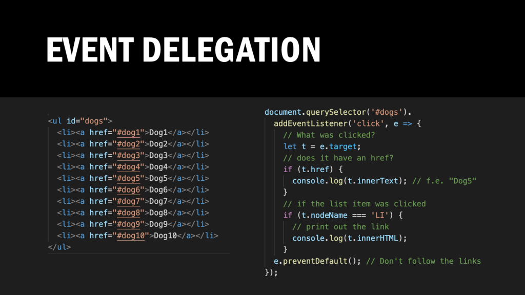 Screenshot of the event delegation example code