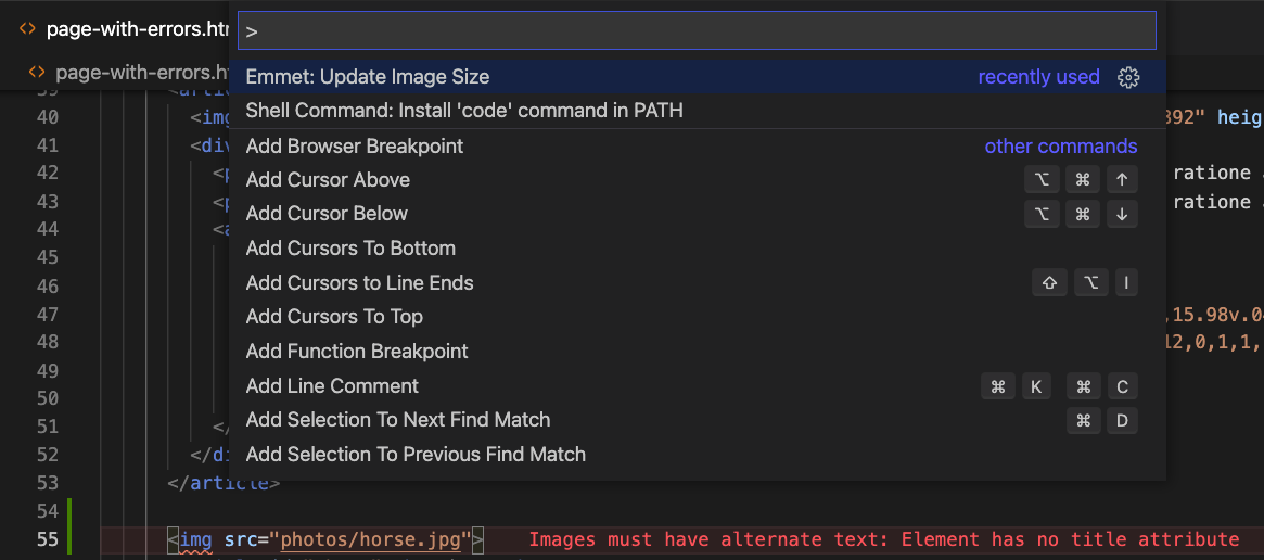 Command Menu in VS Code to trigger the Emmet image size script