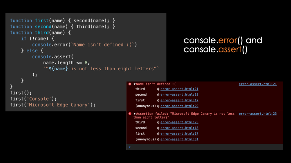 The error method of console shows an error, and assert is a shortcut for an if statement with a console.log inside