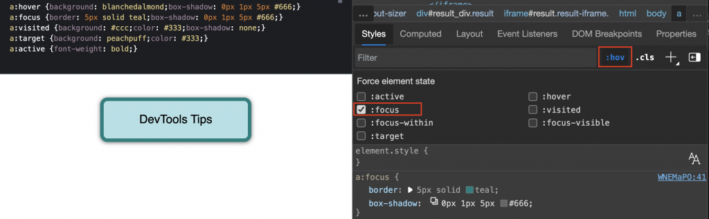 An HTML anchor elements displayed in its focus state with developer tools open showing how to force this behaviour