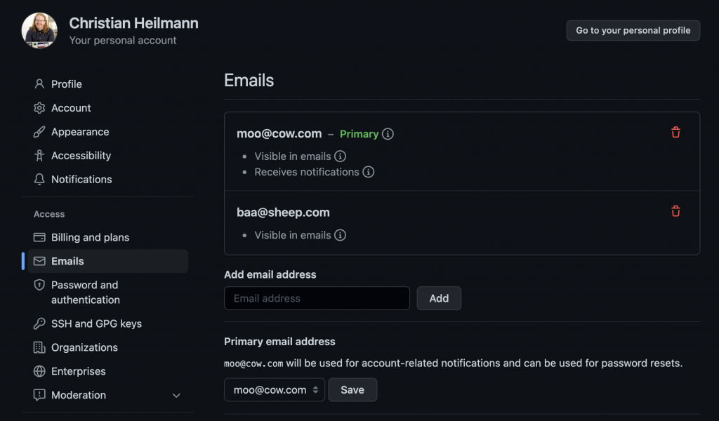 The GitHub settings screen showing my emails and allowing me to add more
