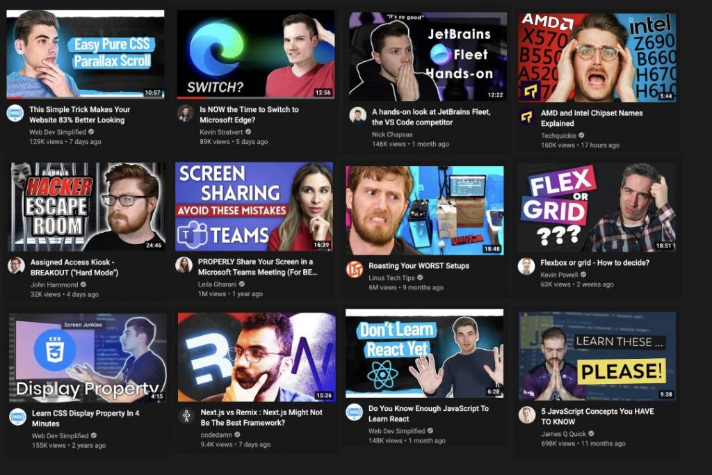 Thumbnails of YouTube videos all showing concerned, confused or annoyed people next to some code.