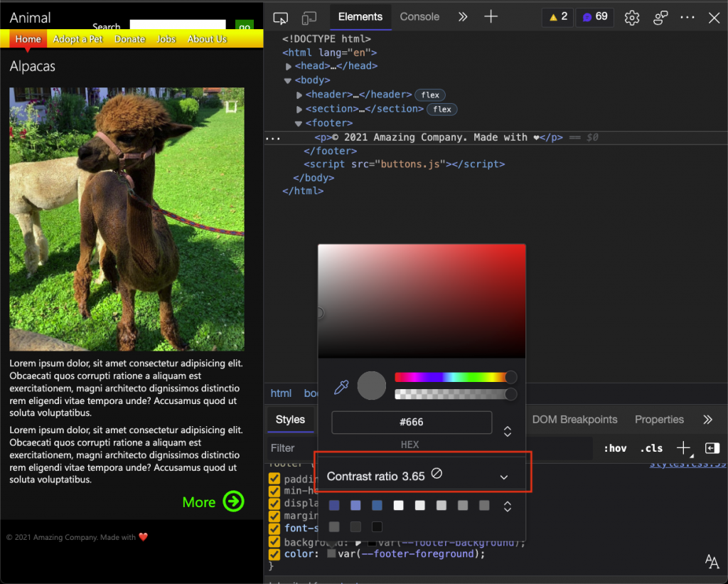 colour picker of browser DevTools with the contrast section highlighted