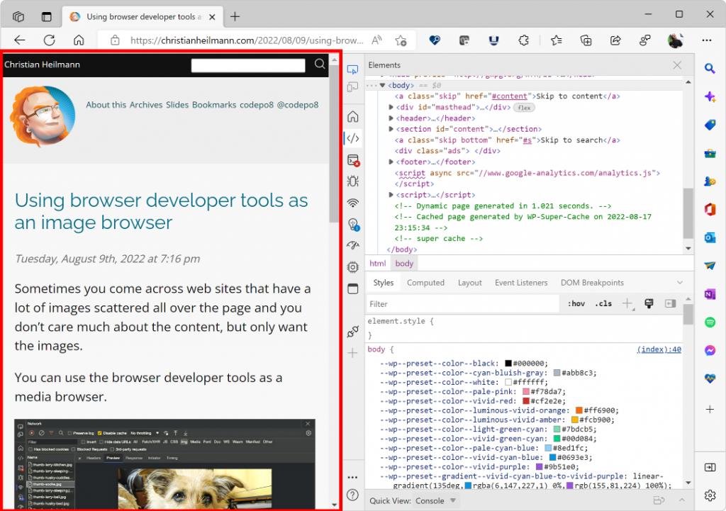Browser developer tools showing what this web site looks like on a desktop or laptop