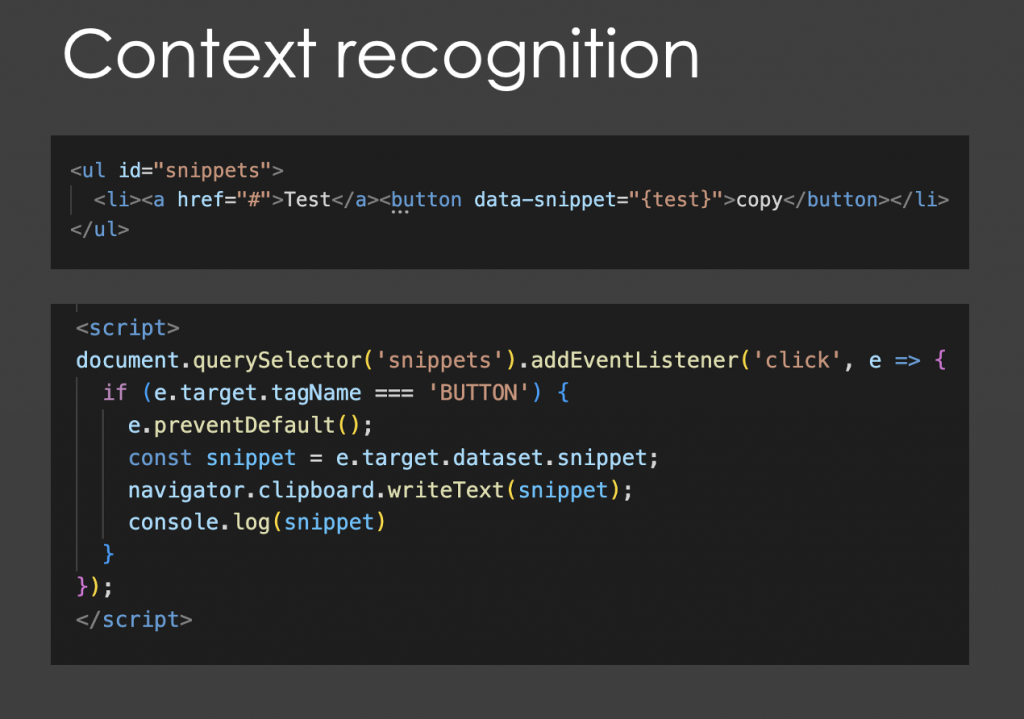 Context recognition example where copilot created a 'copy this' javascript function from an HTML button with a property and the text copy