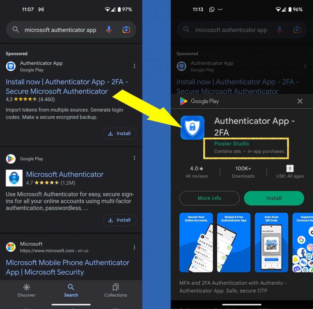 Search result in the Google App Store for Microsoft Authenticator App showing me a different app as the first result. The listing of the Pixster owned app showing that this authenticator would have ads and in-app payments.