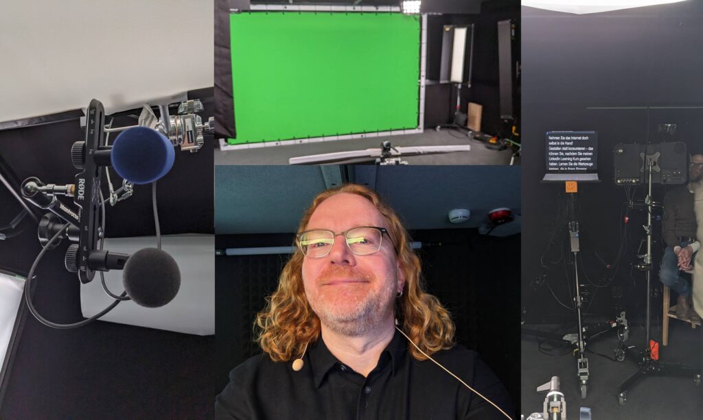 Impressions of shooting the video. Microphones, the big greenscreen and the prompter. Chris Heilmann with a microphone around his neck