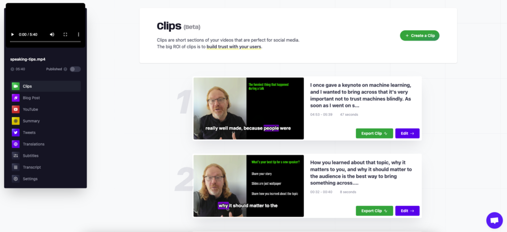 The clips part of the VideoTap menu shows several clips it generated automatically from the transcript for you to choose from. These already animate so you can see the result immediately.