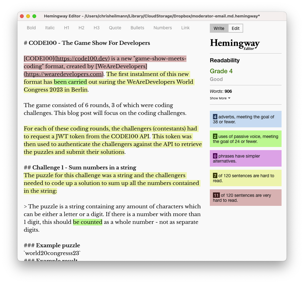 Hemingway editor showing a text with a lot of complex sentences coloured in different ways to indicate that I should edit it. 