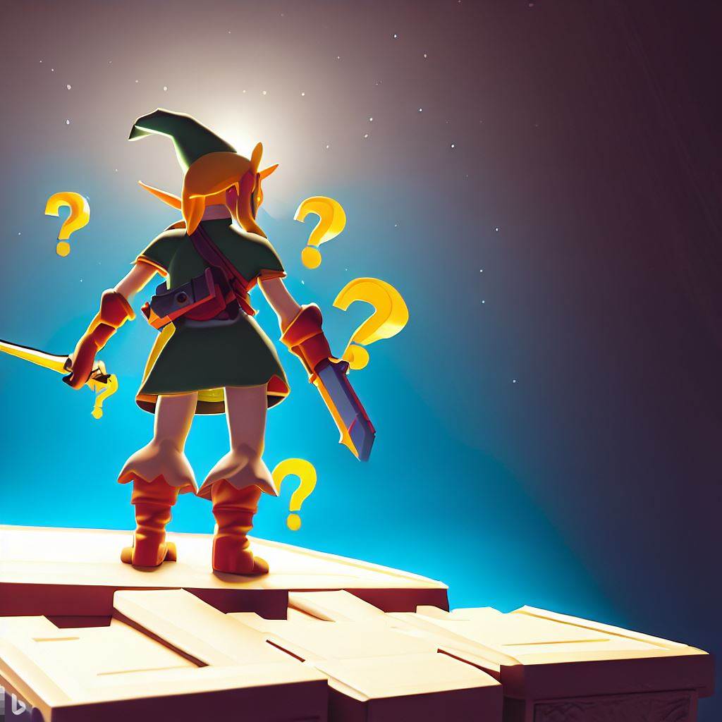 The game character Link from the Zelda games standing on a mystery box with question marks around.