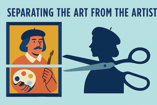 Separating the art from the artist - an illustration severing a shape of the maker from the picture using a big pair of scissors.