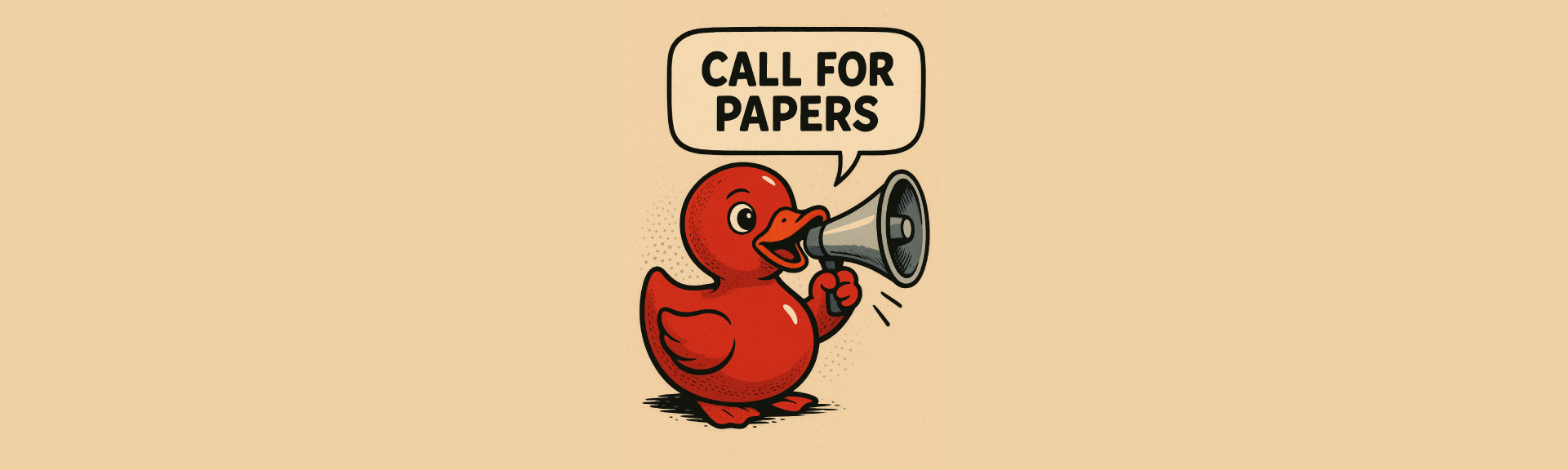 Red rubber ducky with a megaphone stating call for papers