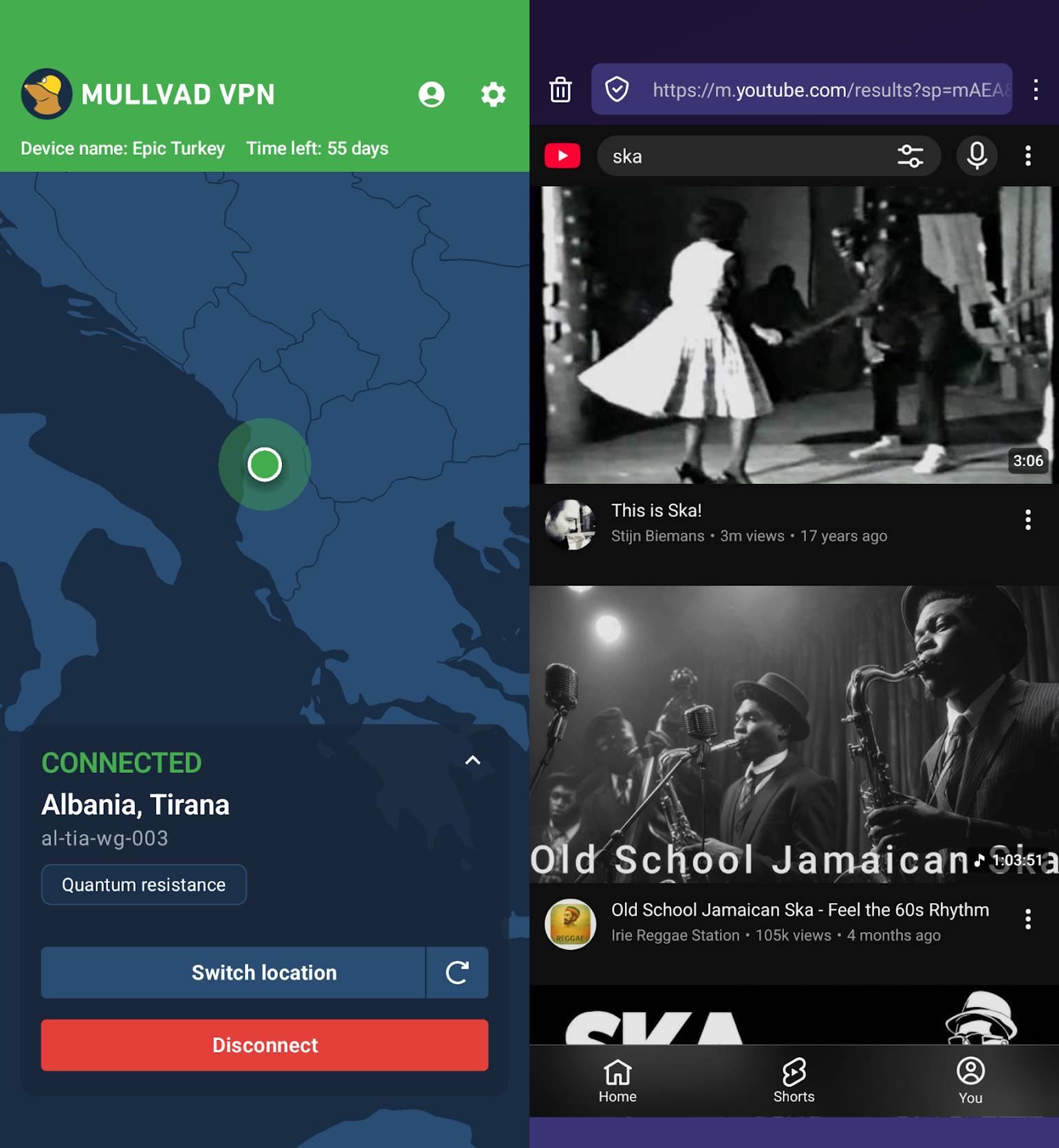 Mullvad VPN setting myself to Albania and YouTube not showing any ads.