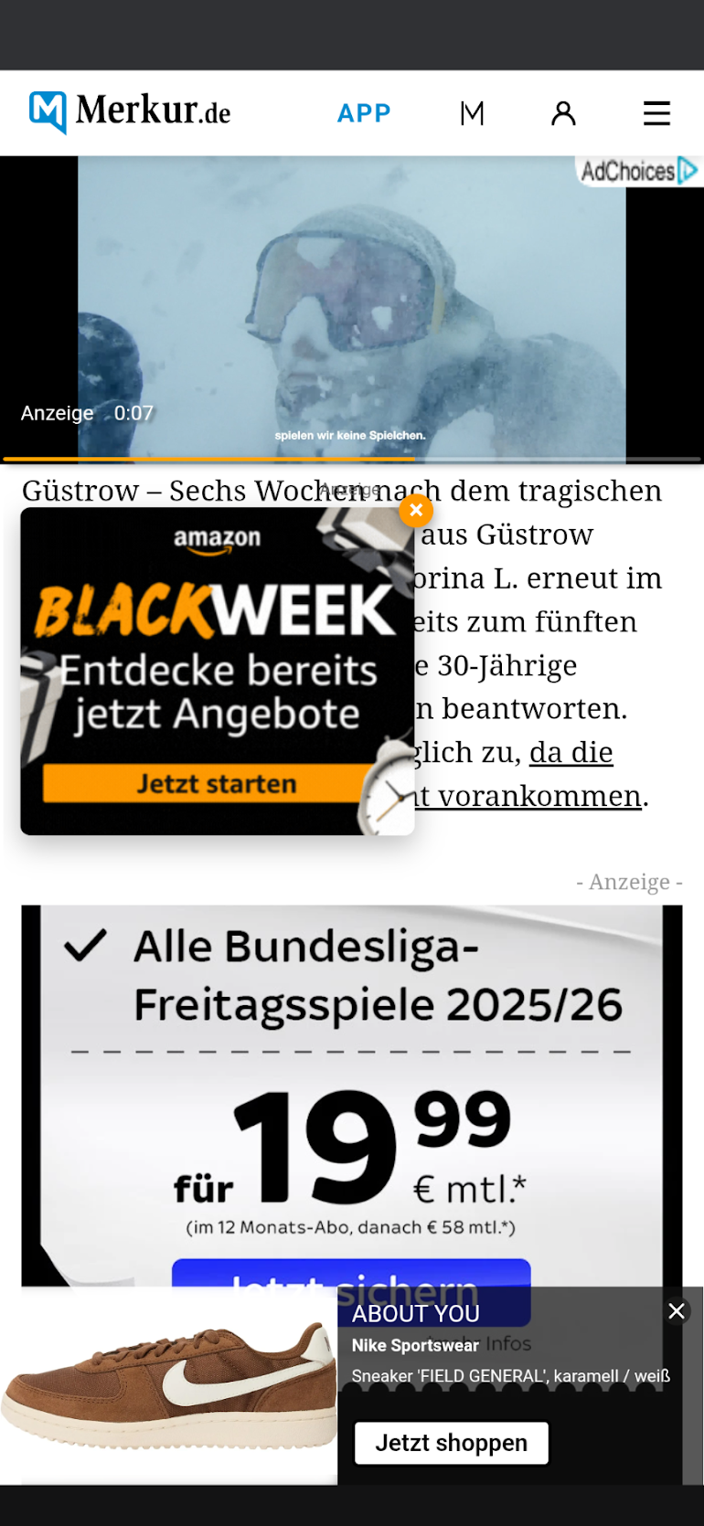 Web page of Merkur.de absolutely plastered in ads to a degree that it is unusable