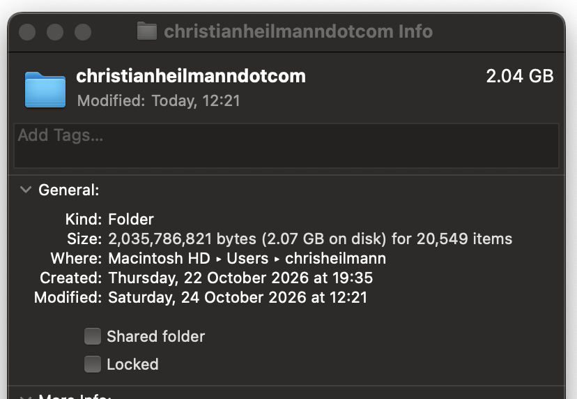 The info panel of Finder showing the details of the christianheilmann.com folder, with 20,549 items adding up to 2.07 GB